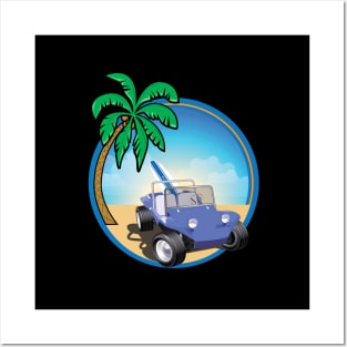 Blue Dune Buggy with Surfboard and Palm Posters and Art